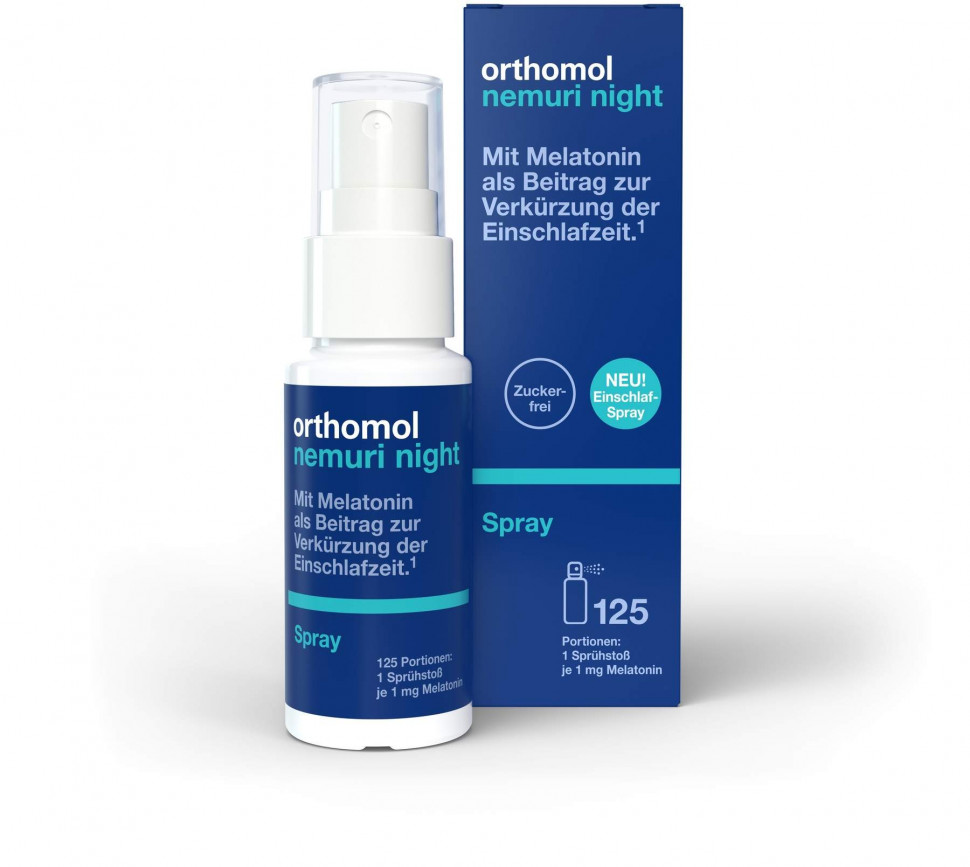 Orthomol® nemuri night spray - pirms iemigšanas. Mutē izsmidzināms aerosols ar piparmētru garšu.